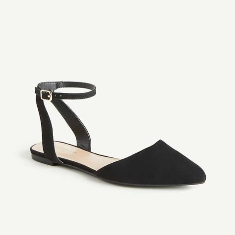 Ann Taylor Factory Black Faux Suede Pointy Toe Ankle Strap Flats Sandals, Size 7
